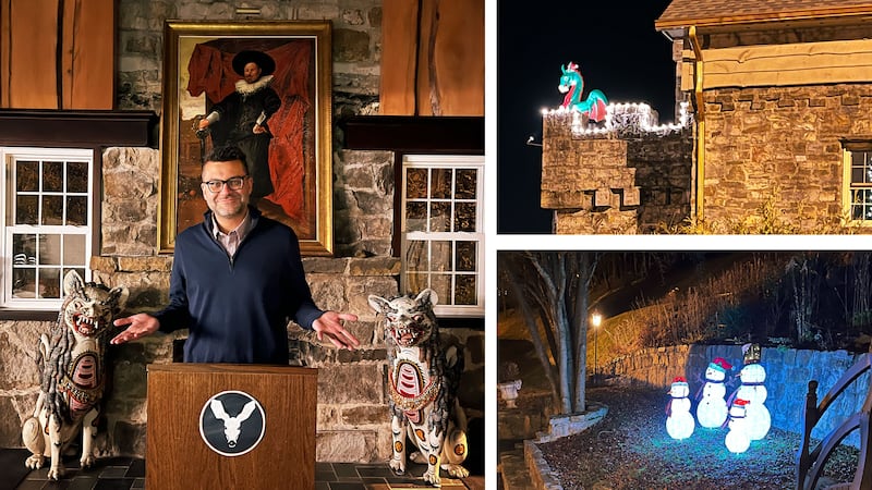 A collage of photos shows author Michael Edison Hayden posing at a dais, the exterior of the castle with an inflatable dragon and light up snowmen.