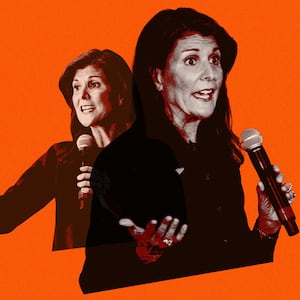 A photo illustration showing Nikki Haley giving speeches on the campaign trail.