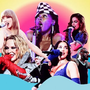 A photo illustration of Taylor Swift, Peso Pluma, Dua Lipa, Anitta, Kylie Minogue, Burna Boy and Janelle Monae.