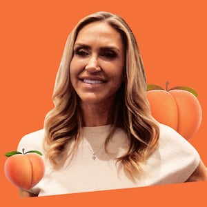 A photo illustration showing Lara Trump and the peach emoji which symbolizes a butt.