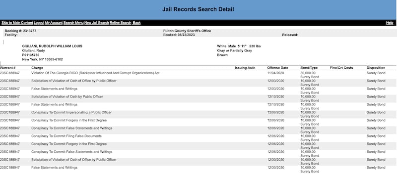 Rudy Giuliani's jail booking records.