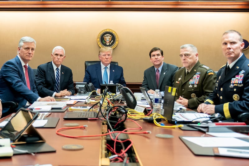 Then-President Donald Trump and his advisers watch in the Situation Room as U.S. Special Operations forces close in on ISIS leader Abu Bakr al-Baghdadi.