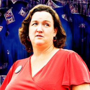 A photo illustration of Rep. Katie Porter and a dark money background.