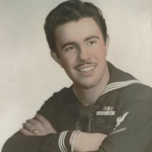 Luigi Mangione, left, at a court hearing Tuesday, and his grandfather Nicholas Mangione in an undated Navy photograph (right).