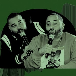 A photo illustration showing DJ Envy and Cesar Pina in front of money.