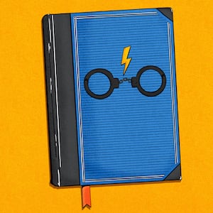 Illustration of a book cover with Harry Potter glasses made out of handcuffs and a lightning bolt scar