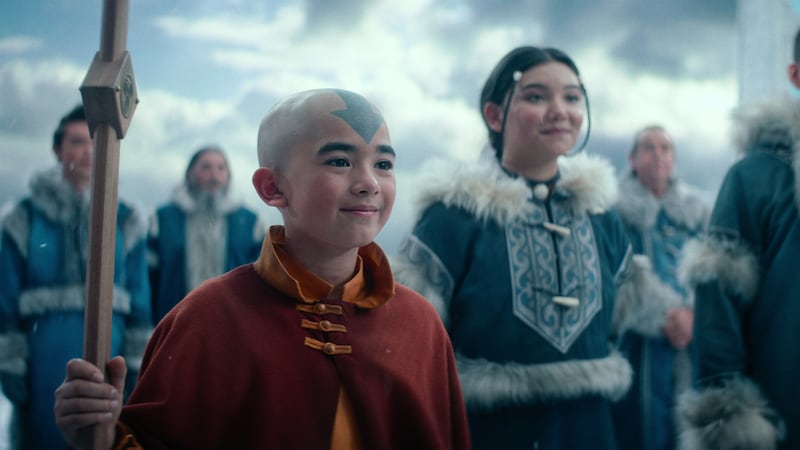 Gordon Cormier as Ang and Kiawentiio as Katara in the Avatar: The Last Airbender.