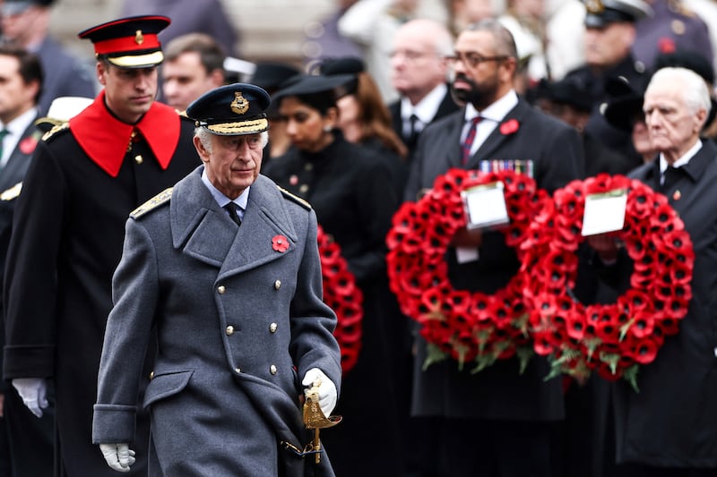 Britain's King Charles III attends the National Service of Remembrance at The Cenotaph on Whitehall in London, Britain, November 12, 2023.