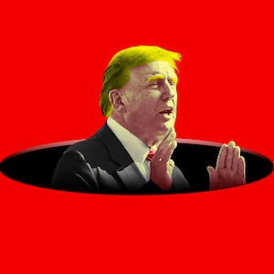 A photo illustration of former President Donald Trump shouting from inside a hole.