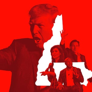 A photo illustration that shows Donald Trump angry pointing out in front of the outline of Iowa and New Hampshire