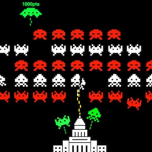 An illustration including Space Invader themed UFOs and the Capitol Hill building