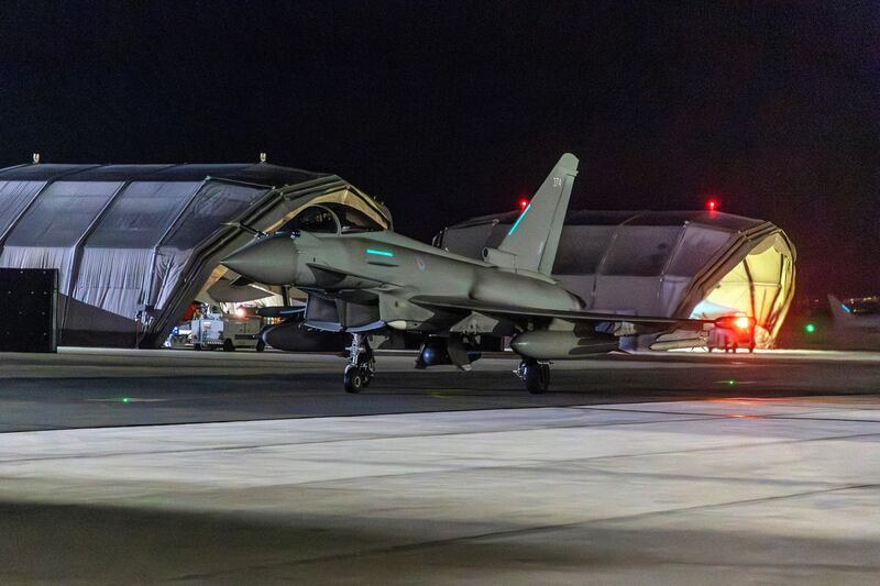 A photograph of an aircraft returning after striking military targets in Yemen during the U.S. led coalition operation against Houthi militia.