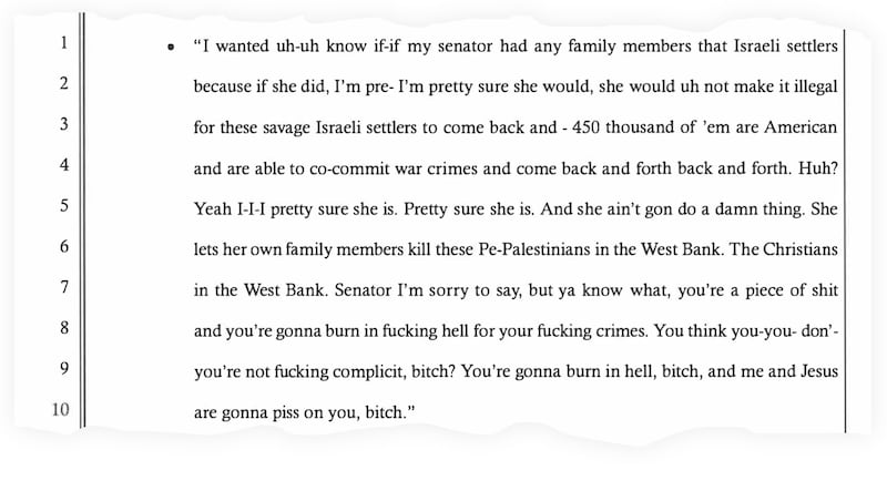 A snippet from the criminal complaint against John Anthony Miller, which lays out the text of a threatening, antisemitic voicemail allegedly left for Senator Jacky Rosen.