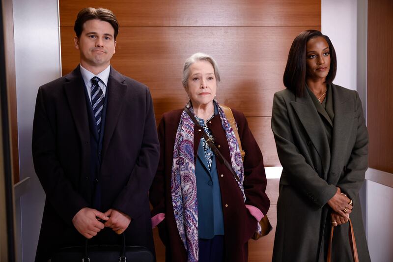 A photo still of Jason Ritter, Kathy Bates, and Skye P. Marshall in 'Matlock'