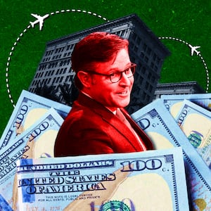 A photo illustration of House Speaker Rep. Mike Johnson, money, and the New Orleans Ritz-Carlton.