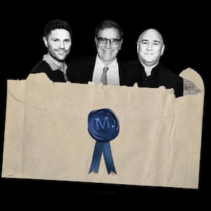 Photo illustration of a ripped open envelope with a wax seal with the Messenger logo on it, with Jimmy Finkelstein, Dan Wakeford, and Richard Beckman.