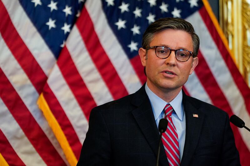 Speaker Mike Johnson (R-LA) speaks during a press conference about an impeachment inquiry.