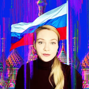 A photo illustration of Mira Terada and the Kremlin, and Russian flag.