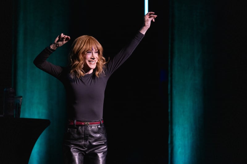 AUSTIN, TEXAS - APRIL 16: Comedian Kathy Griffin performs on stage during Moontower Comedy Festival at The Paramount Theatre on April 16, 2024 in Austin, Texas. (Photo by Rick Kern/Getty Images)