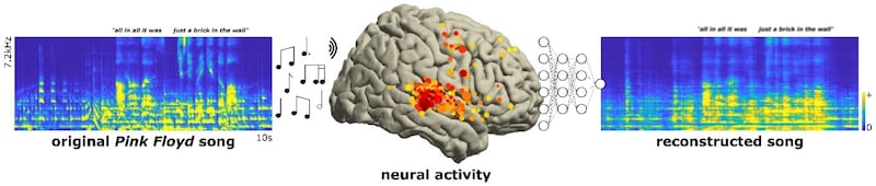 Two charts containing the neural activity of 29 intracranial patients who listened to Pink Floyd's "Another Brick in the Wall, Part 1."