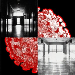  A photo illustration showing the Covid-19 virus and empty school hallways and closed doors.