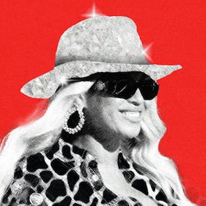 Photo illustration of Beyonce in a cowboy hat on a red background