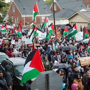 Residents of Detroit and the Arab Community of Dearborn march in support of Palestinians on October 14, 2023 in Dearborn, Michigan.