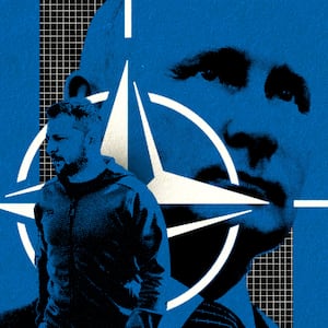 A photo illustration of Russian President Vladamir Putin and Ukrainian President Volodymyr Zelenskyy overlayed with the NATO flag 