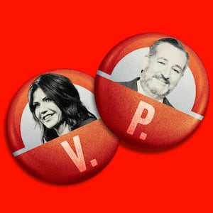 Photo illustration of two campaign pins, one with Kristi Noem and one with Ted Cruz