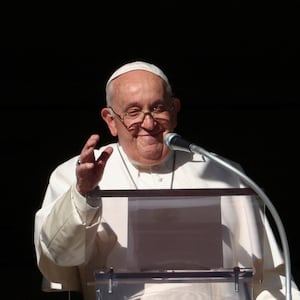 Pope Francis leads the Angelus prayer from his window at the Vatican.