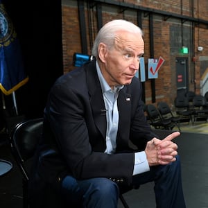 Joe Biden and George Stephanopoulos sitting for an interview.