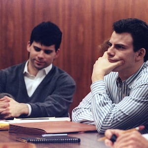 Brothers Erik (right) and Lyle Menendez  listen to court proceedings on May 17, 1991 in the case of the murder of their wealthy parents.