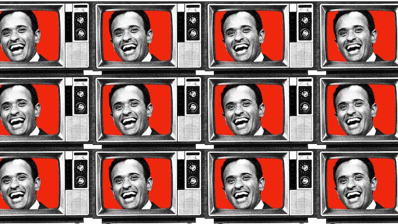 Photo illustration of an old television set featuring Vivek Ramaswamy on a red background, tiled.