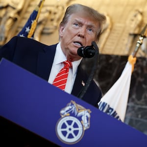 Former President Donald Trump delivers remarks after meeting with leaders of the International Brotherhood of Teamsters