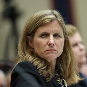 A photo of Liz Magill, President of University of Pennsylvania, testifying before the House Education and Workforce Committee on December 5, 2023.