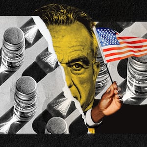 A photo illustration featuring Robert F. Kennedy Jr. between a torn picture of vaccine vials and a black hand waving an American flag