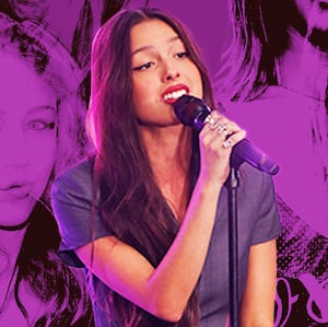 A photo illustration shows Olivia Rodrigo in front of a collage of Britney Spears, Billie Eilish, Miley Cyrus, and Lindsay Lohan