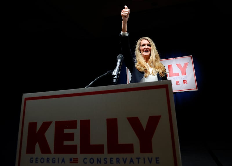 U.S. Sen. Kelly Loeffler (R-GA) reacts to her supporters during an Election Night party at the Grand Hyatt Atlanta In Buckhead on November 03, 2020 in Atlanta, Georgia.