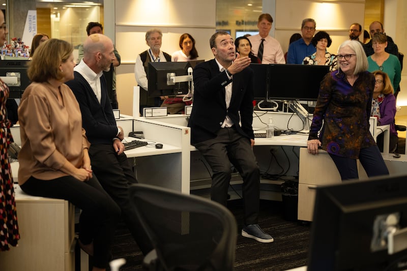 William Lewis, the new CEO and Publisher of the Washington Post Company speaks to the staff and employees at the headquarters in Washington, DC on November 06, 2023. 