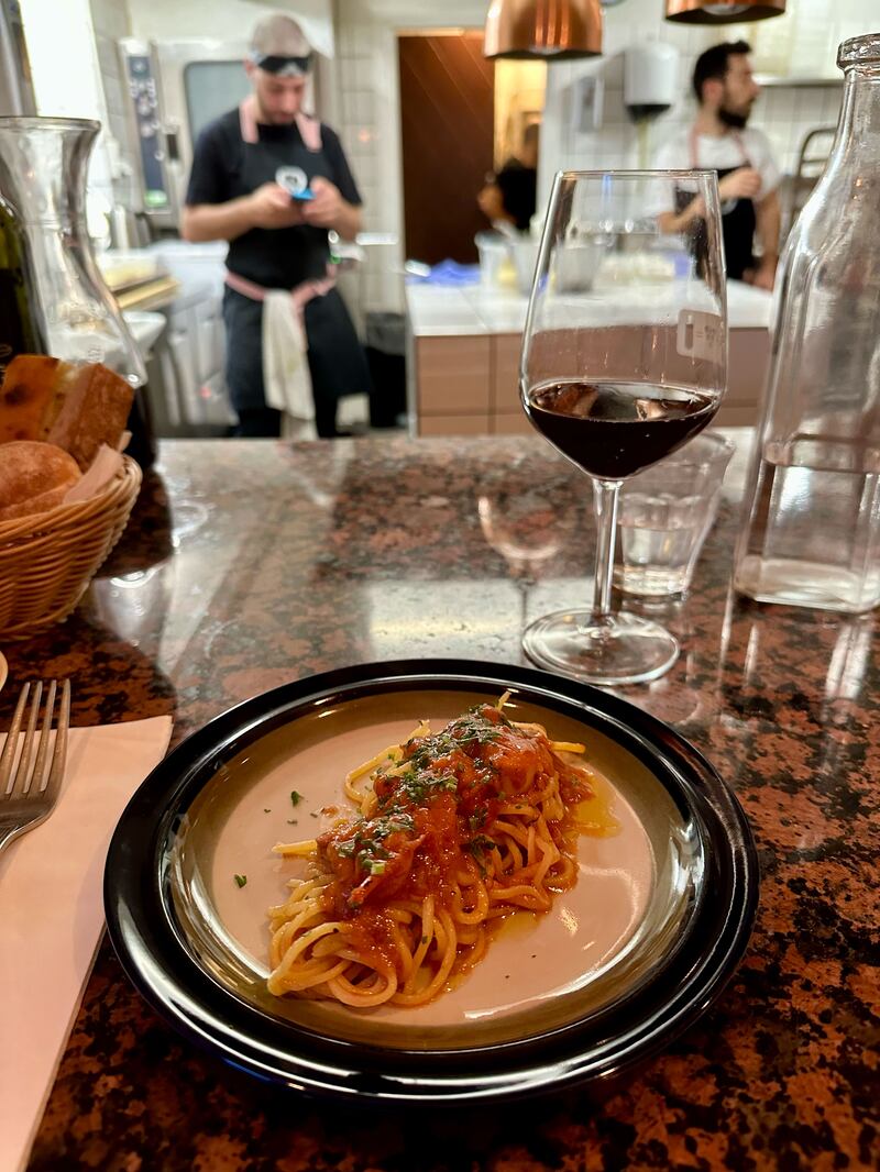 Octopus ragù over spaghetti at Rufino in Copenhagen.