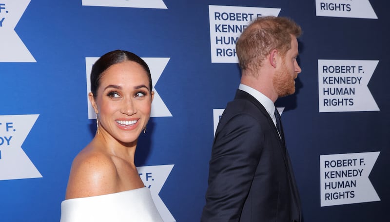 Meghan Markle, left, and Prince Harry, attend the 2022 Robert F. Kennedy Human Rights Ripple of Hope Award Gala in New York City, U.S., Dec. 6, 2022.