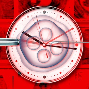 A photo illustration of IVF, sonograms, and a clock.