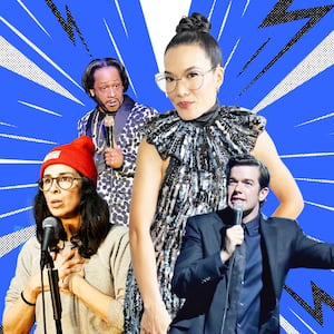 A photo illustration of Katt Williams, Ali Wong, John Mulaney, and Sarah Silverman