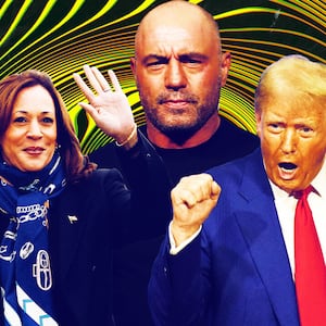 A photo illustration of Kamala Harris, Joe Rogan, and Donald Trump