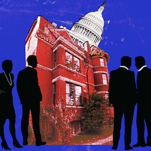 A photo illustration of a red brick townhouse in Washington DC and the US Capitol building.