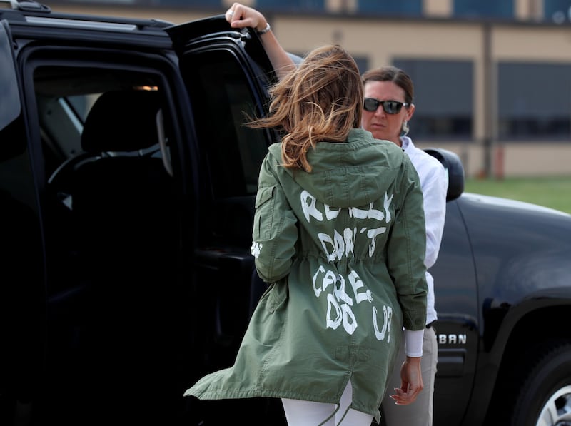 Melania Trump wearing a jacket branded I really don’t care do you?