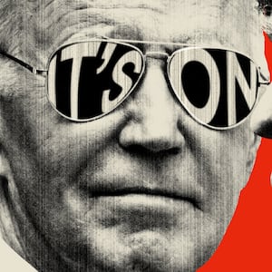 Photo illustration of Donald Trump and Joe Biden wearing aviator sunglasses with the words "it's on" on the lenses