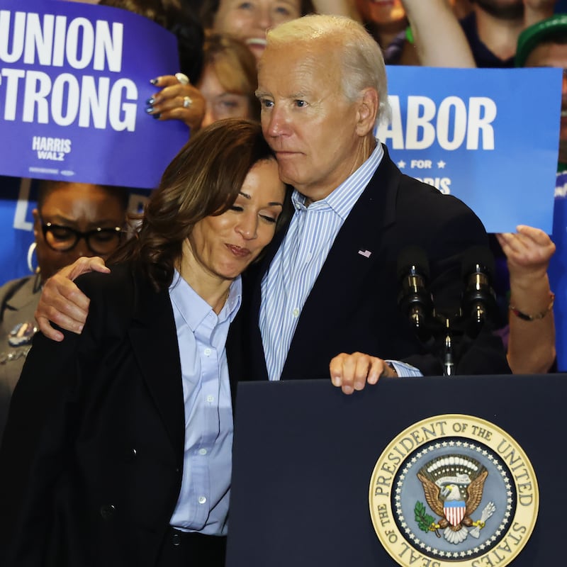 Democratic presidential nominee, U.S. Vice President Kamala Harris is embraced by U.S. President Joe Biden during a campaign event at IBEW Local Union #5 on September 02, 2024 in Pittsburgh, Pennsylvania.