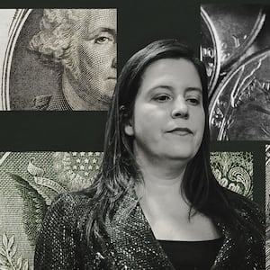 A photo illustration showing Elise Stefanik looking downcast with a collage of close up’s of U.S. currency behind her.