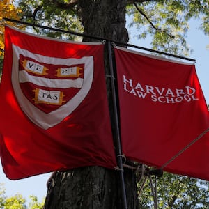 Banners for Harvard Law School fly during the inauguration of Lawrence Bacow as the 29th President of Harvard University in Cambridge